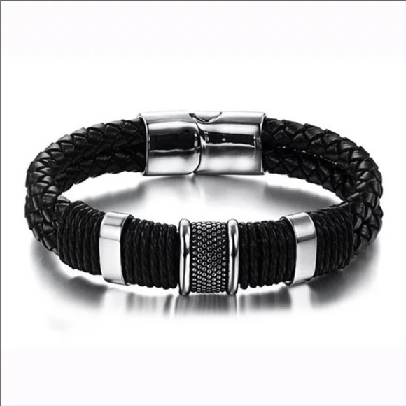 Black Braid Leather Titanium Bracelet Unisex - Picture 5 of 12